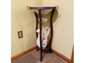 Vintage Wooden Wash Basin Stand With Ceramic Bowls And Pitcher (Upstairs Hall)