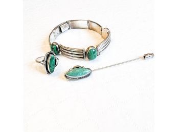 Sterling Silver Bracelet, Ring And Pin Set With Green Stone