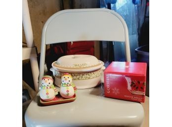 Mikasa Casserole, Snowman Salt And Pepper Shakers Plus Holly Dish (Basement)