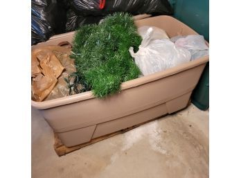 Large Tote Full Of Christmas Garland, Lights, Some Bulbs And A Few Decorations (Basement)