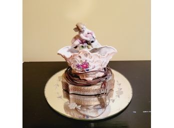 Vintage Ceramic Cherub Lamp And Glass Tray (Upstairs Bedroom)