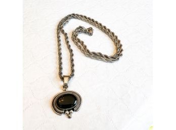 Sterling Silver Necklace With Black Stone Pendant