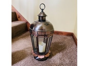 Brass Tone Lantern With Candle (Entryway)