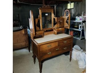 Antique Victorian Mirrored Vanity With White Marble Top (Basement)