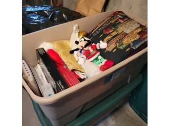 Large Tote Of Christmas Items. Pillows, Plates, Toys And More