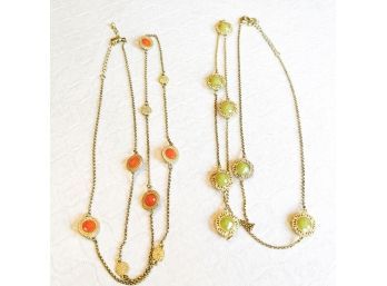 Pair Of Necklaces In Coral And Green With Gold Tone Chains