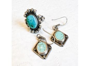 Navajo Artist F. Sandoval Signed Sterling And Turquoise Ring And Sterling (Mexico) Earrings