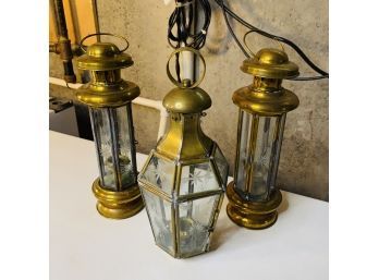 Brass And Carved Glass Lanterns - Set Of Three (Basement Brass Bin)