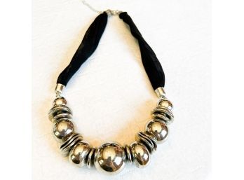 Chunky Silver Tone Necklace With Ribbon