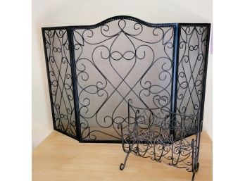 Gorgeous Cast Iron Fireplace Screen And Matching Log Holder