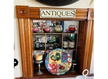 Chicken Plate, Candle Holder Pair And Antiques Sign (Room 6)