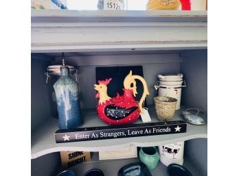 Shelf Lot: Rooster Pitcher, Pottery, Jars, Etc. (Room 6)