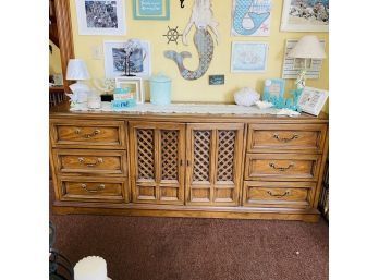 Vintage Nine-Drawer Solid Wood Dresser With White Lace Runner 80'x32'19' (Zone 3)