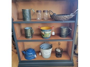 Vintage Measuring Cups, Tea Pot, Jam Jars, Cast Iron Basket And Other Decor. (Room 2)