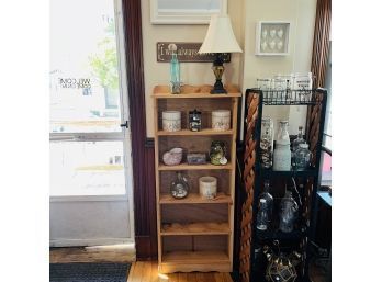 Wooden Display Shelf With Lamp, Bottles, Battery-operated Candles, Etc. (Room 1)