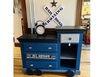 Train Themed Changing Table Dresser With Railroad Crossing Sign, Clock And Star (Room 1)