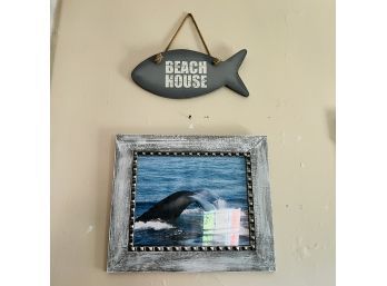 Whale Framed Print And Fish Shaped Beach House Sign (Room 1)