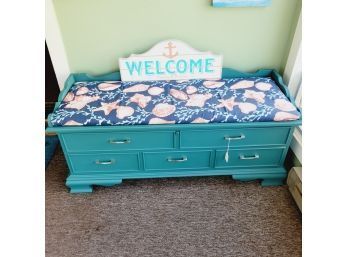 Stunning Blue Bench With Pillow Top And Welcome Sign