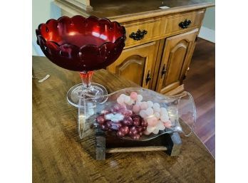 Large Red Bowl And Decorative Glass Stand (Upstairs Kitchen)