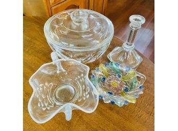 Glass Lot Including Beautiful Colored Dish And Glass Bowl With Lid (Upstairs Kitchen)