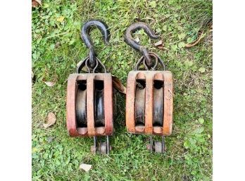 Pair Of Antique Wooden Pulleys (Outside)