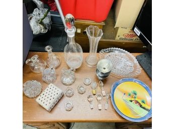 Vintage Glassware Lot - Vase, Plates, Cruets With Stoppers, And More (Zone 4)