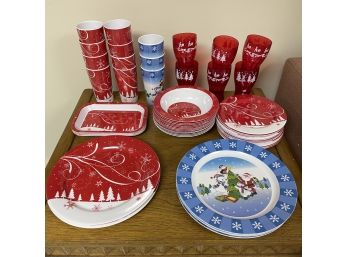 Plastic Holiday Dishes And Cups - Two Patterns