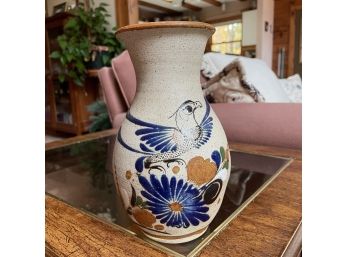 Beautiful Vintage Mexican Pottery Vase With Florals And Bird