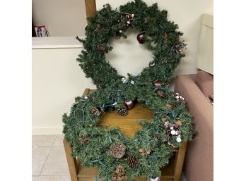 Pair Of Large Holiday Wreaths With Lights Added