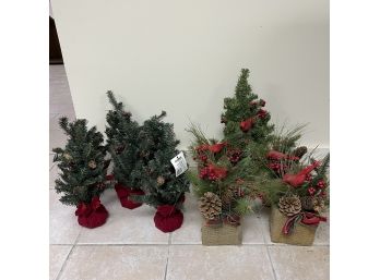 Bin Lot Of Small Christmas Trees And Burlap Box Holiday Decor With Birds In Used Condition