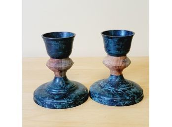 Painted Brass And Wood Candlestick Holders