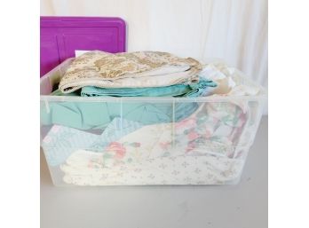 Plastic Bin Of Vintage Sheets. Full And Queen Sizes