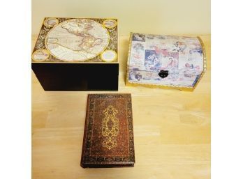 Lot Of 3: Book Box, Chest And Black Storage Box With Map