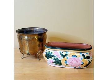 Brass Colored Planter And Ceramic Planter