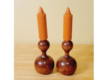 Set Of 2 Round Solid Wood Candlestick Holders