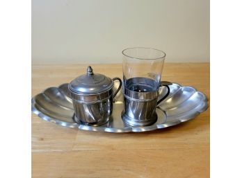 Pewter Tea Strainer, Cup And Tray