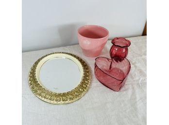 Pink Vase, Pot, Dish And Mirror