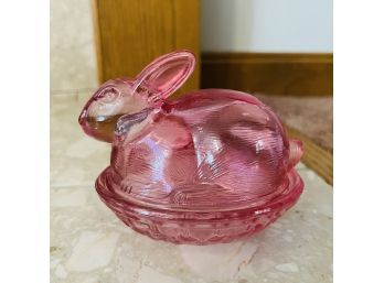 Vintage Pink Glass Rabbit On Nest