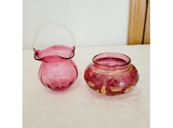 Small Red Glass Basket And Dish (Table Lr)