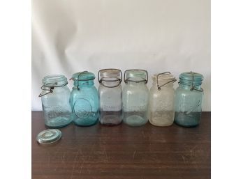 Six Vintage Canning Jars With Lids: Ball, Putnam Lighting, Atlas, A.C. Smalley Purple Tint, Etc.