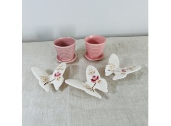 Miniature Pink Pottery Planters And Trio Of Ceramic Butterflies