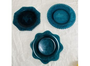 Trio Of Vintage Green Pressed Glass Plates