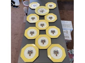 Set Of Ten Yellow Regal Ware Floral Plates And One Larger Plate