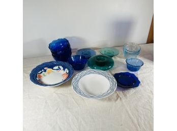 Vintage Blue China And Glass Dishes And Bowls