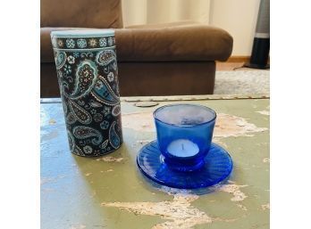 Paisley Electric Candle And Blue Glass Tealight Holder (Shelf)