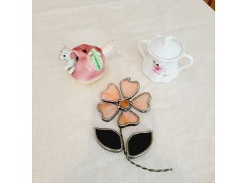 Glass Flower, Mouse Toothpick Holder And Little Ceramic Container (Table Lr)