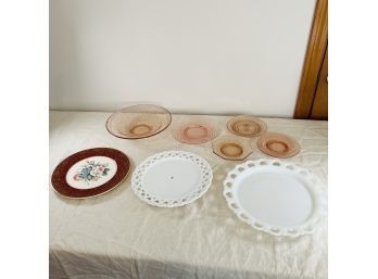 Pink Glass Bowl And Dishes, Reticulated Glass And Imperial Salem China Gold Rimmed Plate