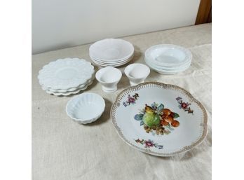 Assortment Of Vintage White Dishes And Reticulated Plate With Fruit Motif