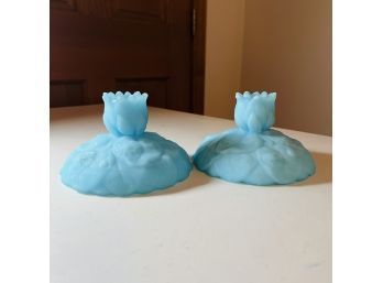 Vintage Fenton Blue Satin Glass Candle Holders (Table Lr)