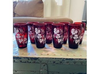 Set Of Eight Vintage Anchor Hocking White Grape Ruby Red Glass Tumblers (Shelf)